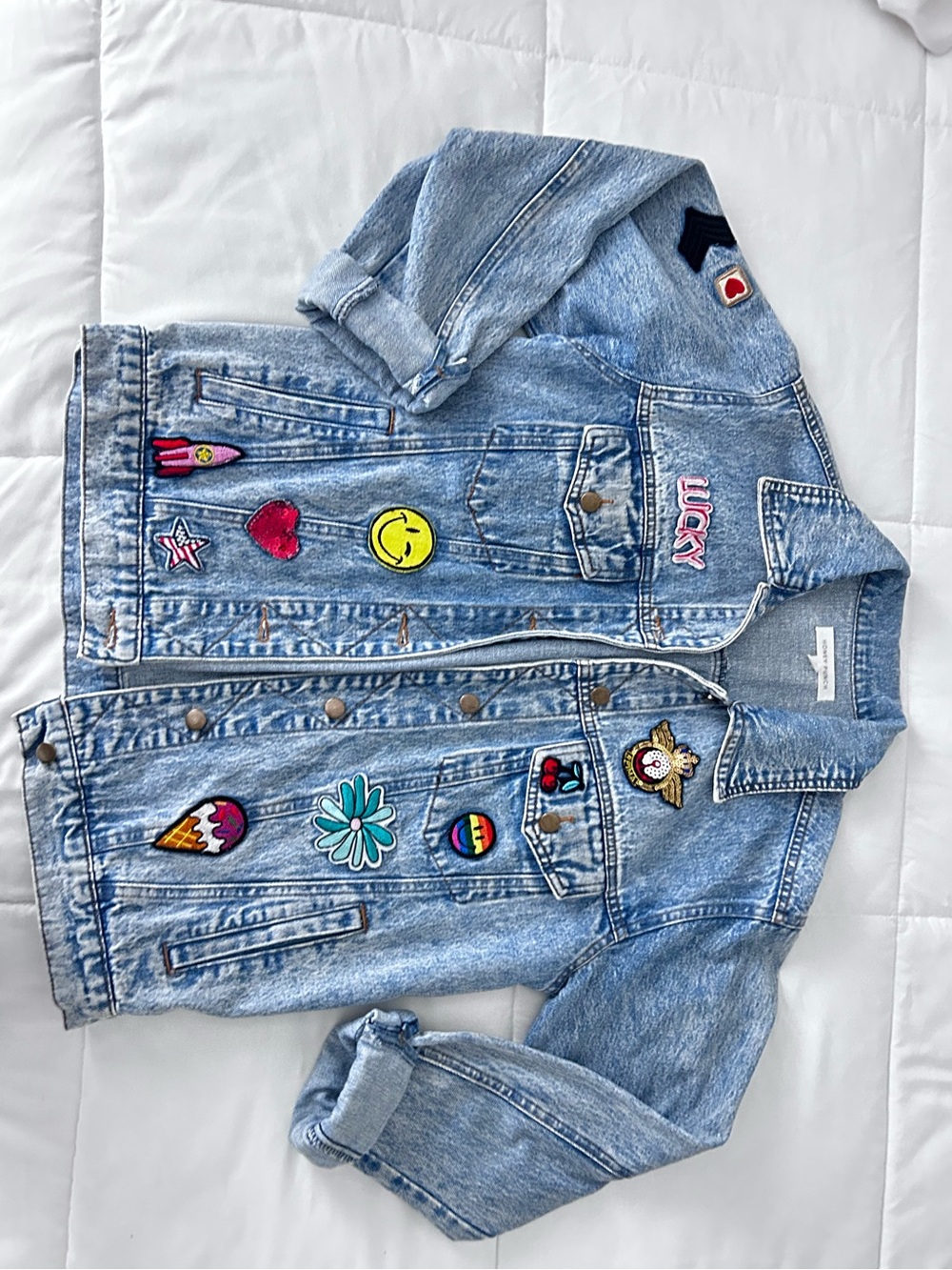 Honey Punch Light Blue Embroidered Patch Denim Jacket